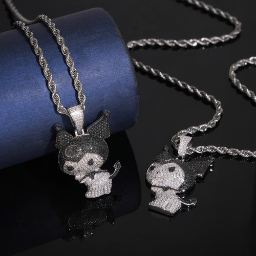 White Mix Black Moissanite Diamond Kuromi Charm Pendant