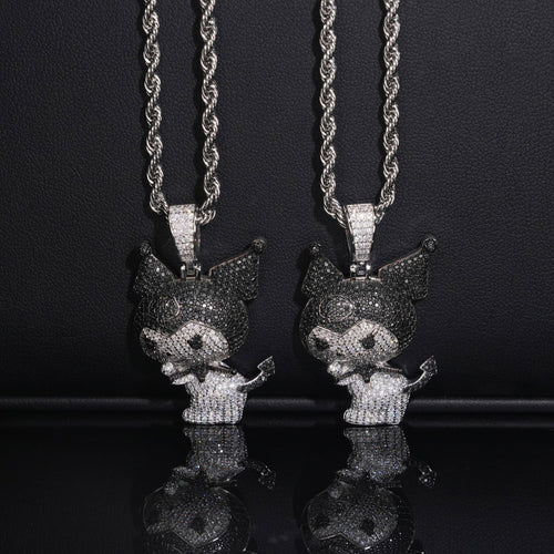 White Mix Black Moissanite Diamond Kuromi Charm Pendant