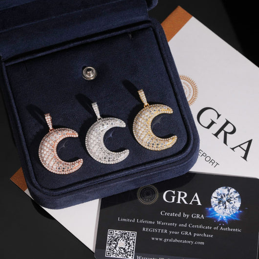 Baguette Cut Moissanite Diamond Moon Pendant Charm