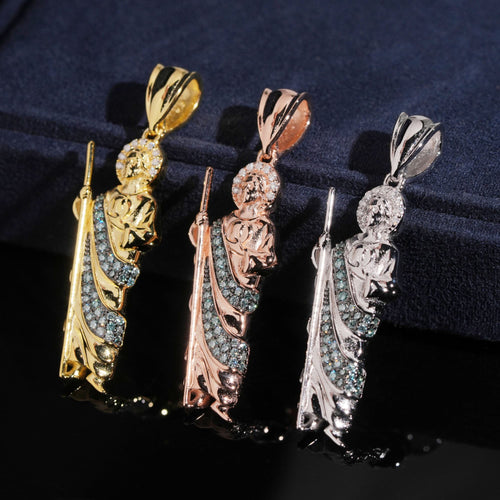 925 Sterling Silver Iced Out Blue Moissanite Saint Jesus Pendant Charm