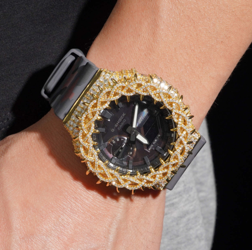 Yellow Gold Camo Band Iced Out G Shock GA2100 Watch